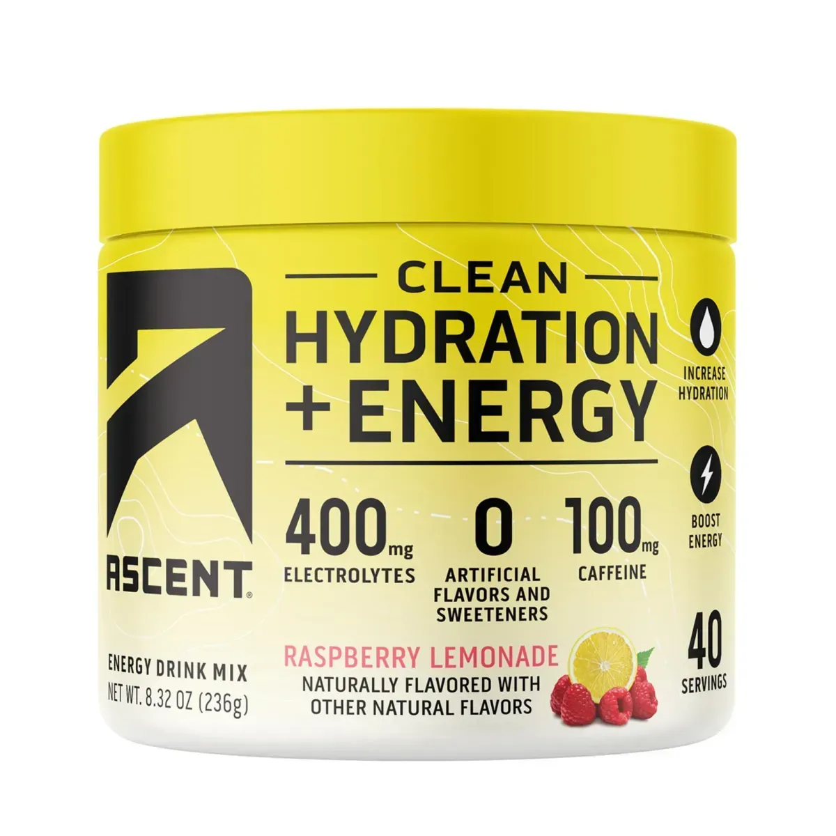 Yellow Ascent hydration and energy powder tub with raspberry lemonade flavor.