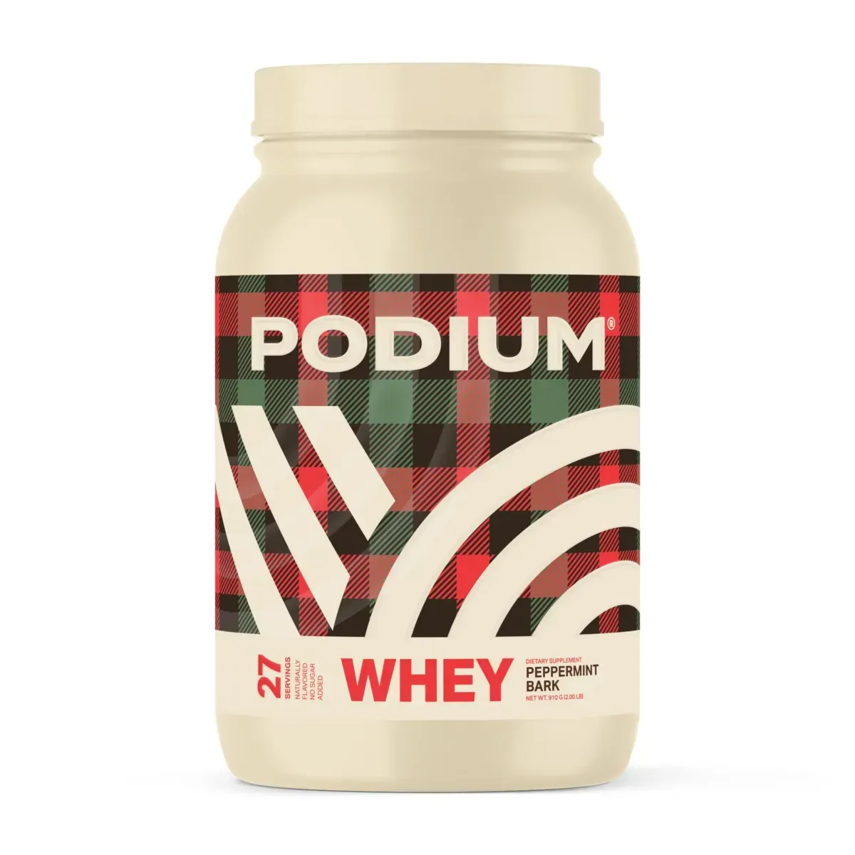 Podium whey protein container with a plaid design.