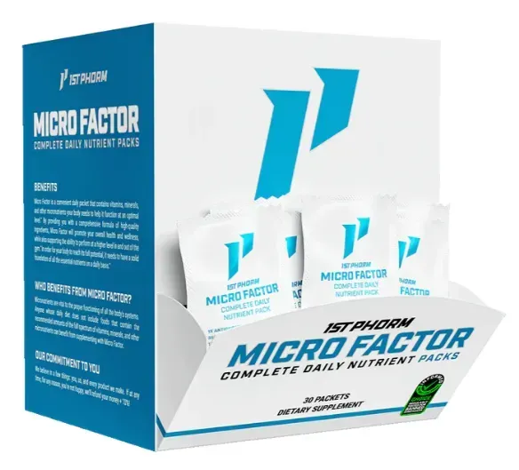 Box of 1st Phorm Micro Factor nutrient packs, white and teal packaging.