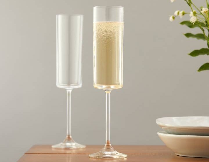 Two champagne flutes on a wooden table, one filled with bubbly drink. Light colors, neutral setting.