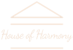 Logo for "House of Harmony" with a stylized house and script lettering in cream.