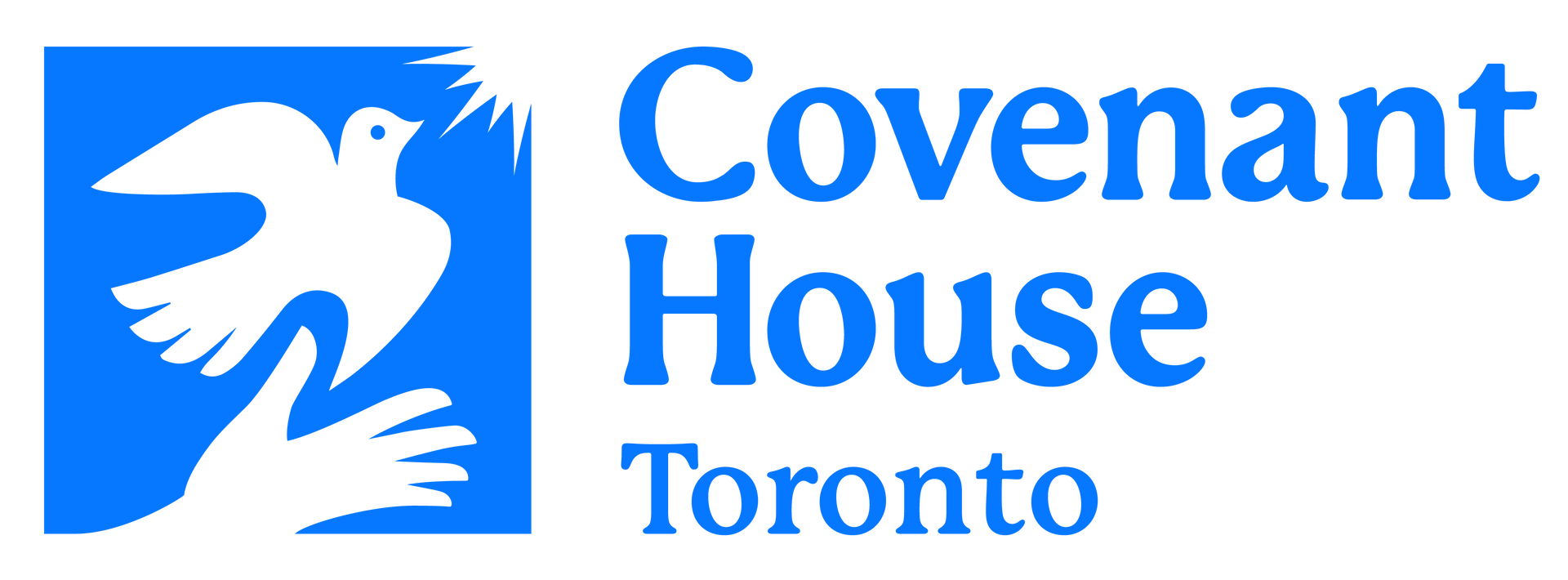 Covenant House Toronto logo: white dove, hands, and sun in a blue square with blue text.