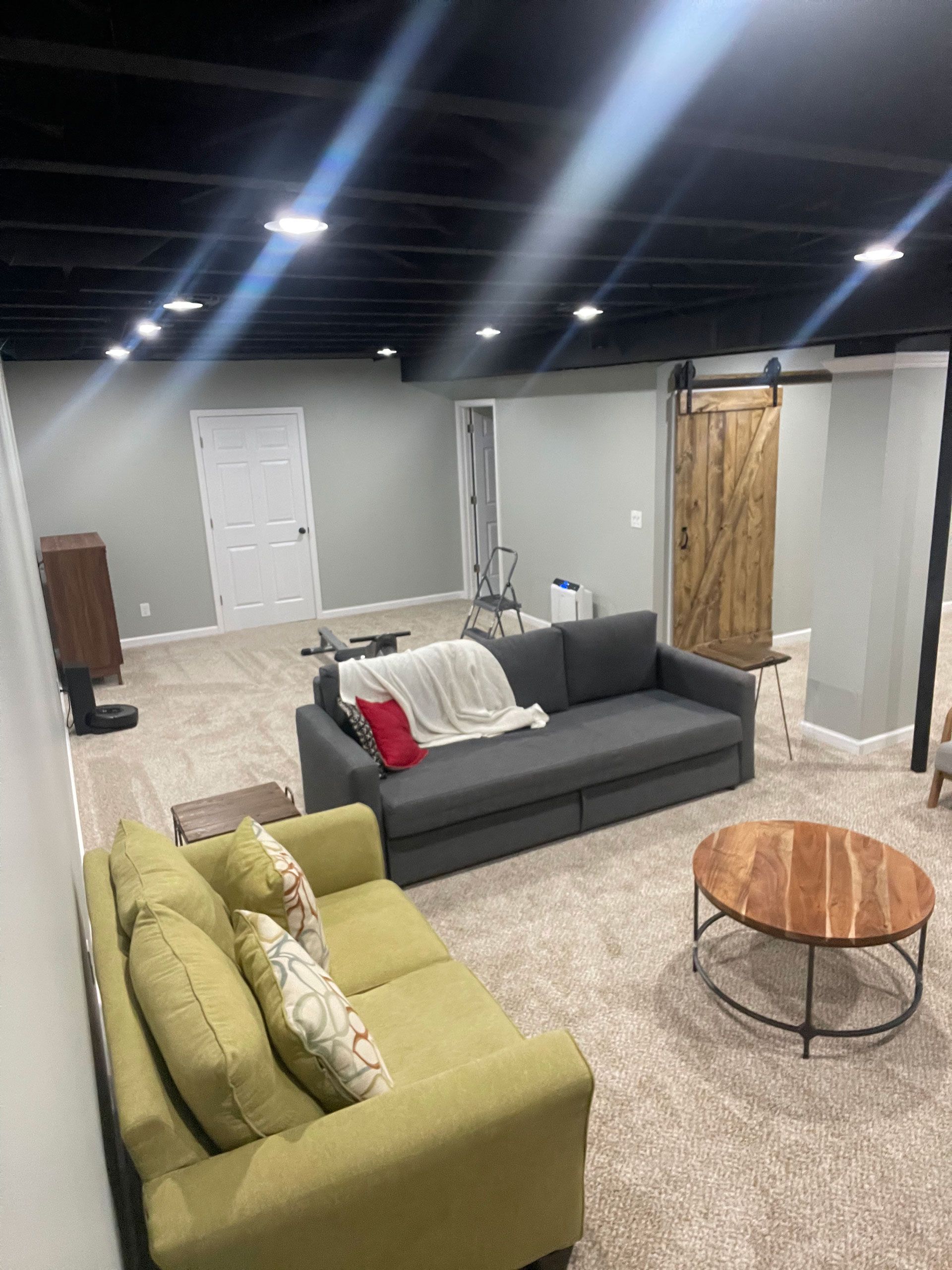A basement living room features a green loveseat, a dark gray sofa, a wood coffee table, and a rustic barn door.