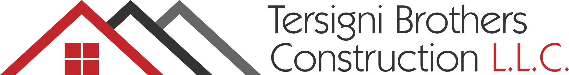 Logo for Tersigni Brothers Construction L.L.C. featuring a red and grey graphic of overlapping house roofs and a window.