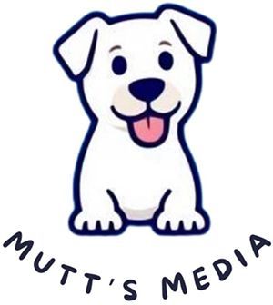 A white cartoon dog with a pink tongue smiling, with the navy text 