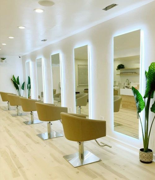Interior de una peluquería con espejos, sillas, plantas y paredes blancas.