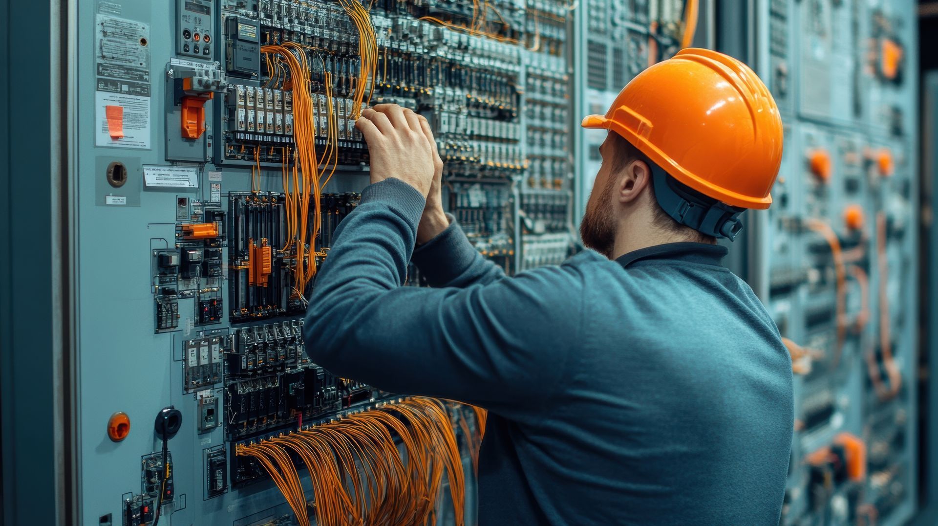 Expert licensed electrical contractor wiring a complex industrial control panel with precision.