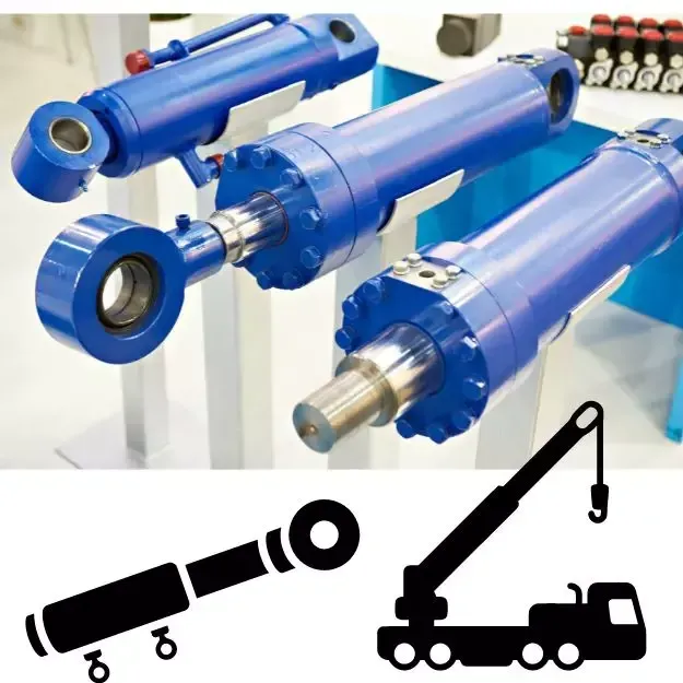Cilindros hidráulicos azules con una silueta negra de un cilindro y una grúa.