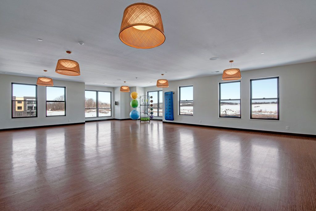 Empty dance studio with wood floors, large windows, and woven ceiling lights