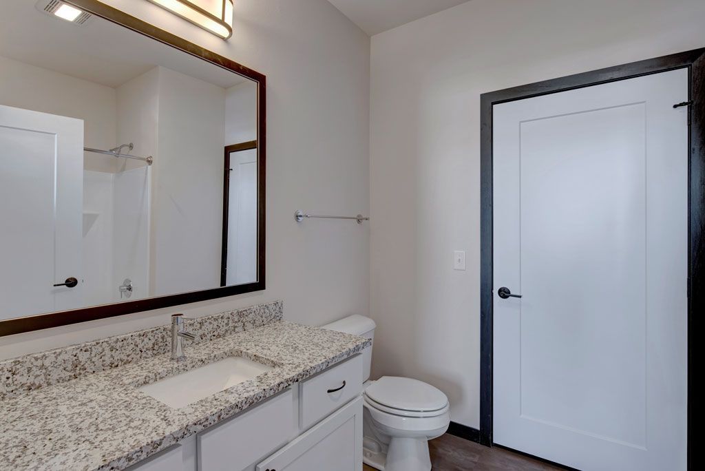 Bright bathroom with granite vanity, large mirror, toilet, and white door.