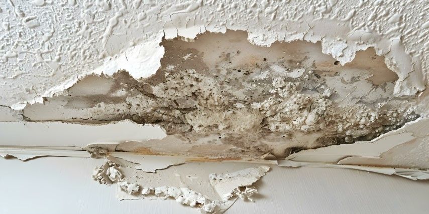 Water-damaged ceiling from a roof leak, needing repairs