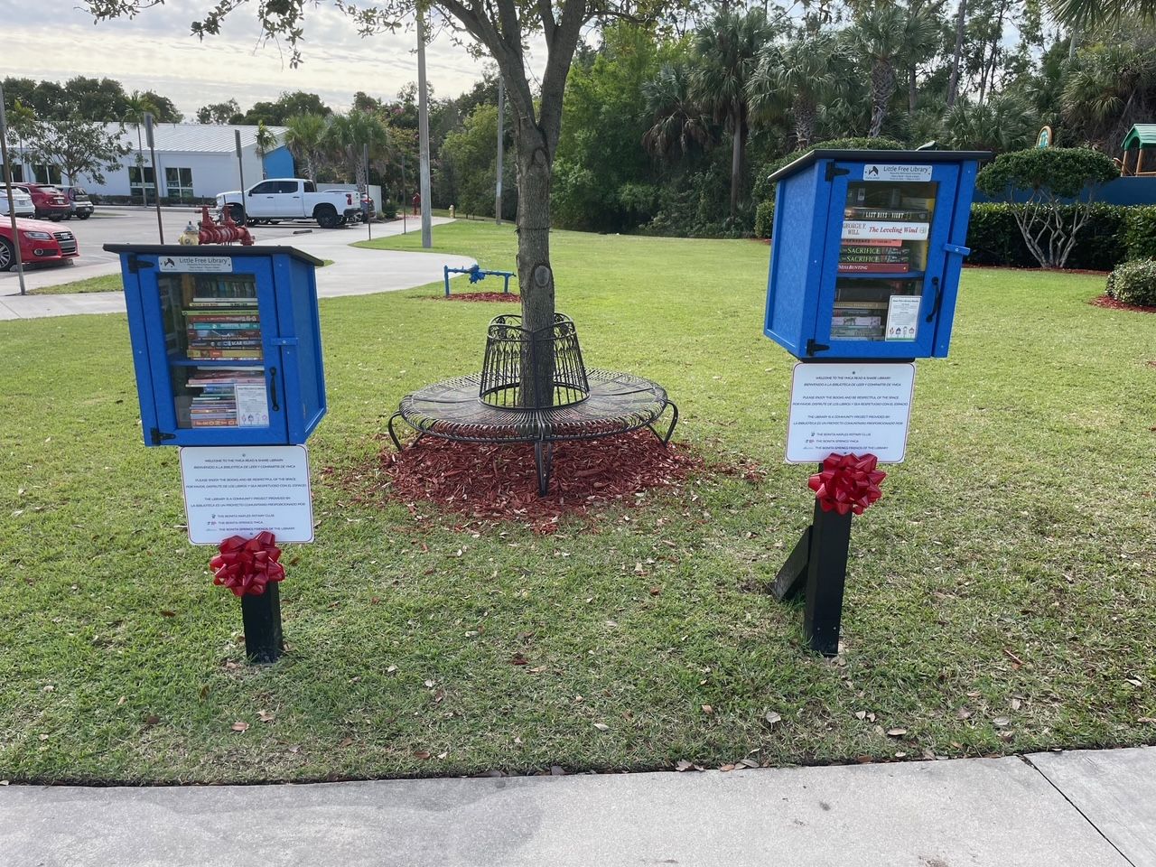 A couple of blue boxes sitting on top of a lush green field.