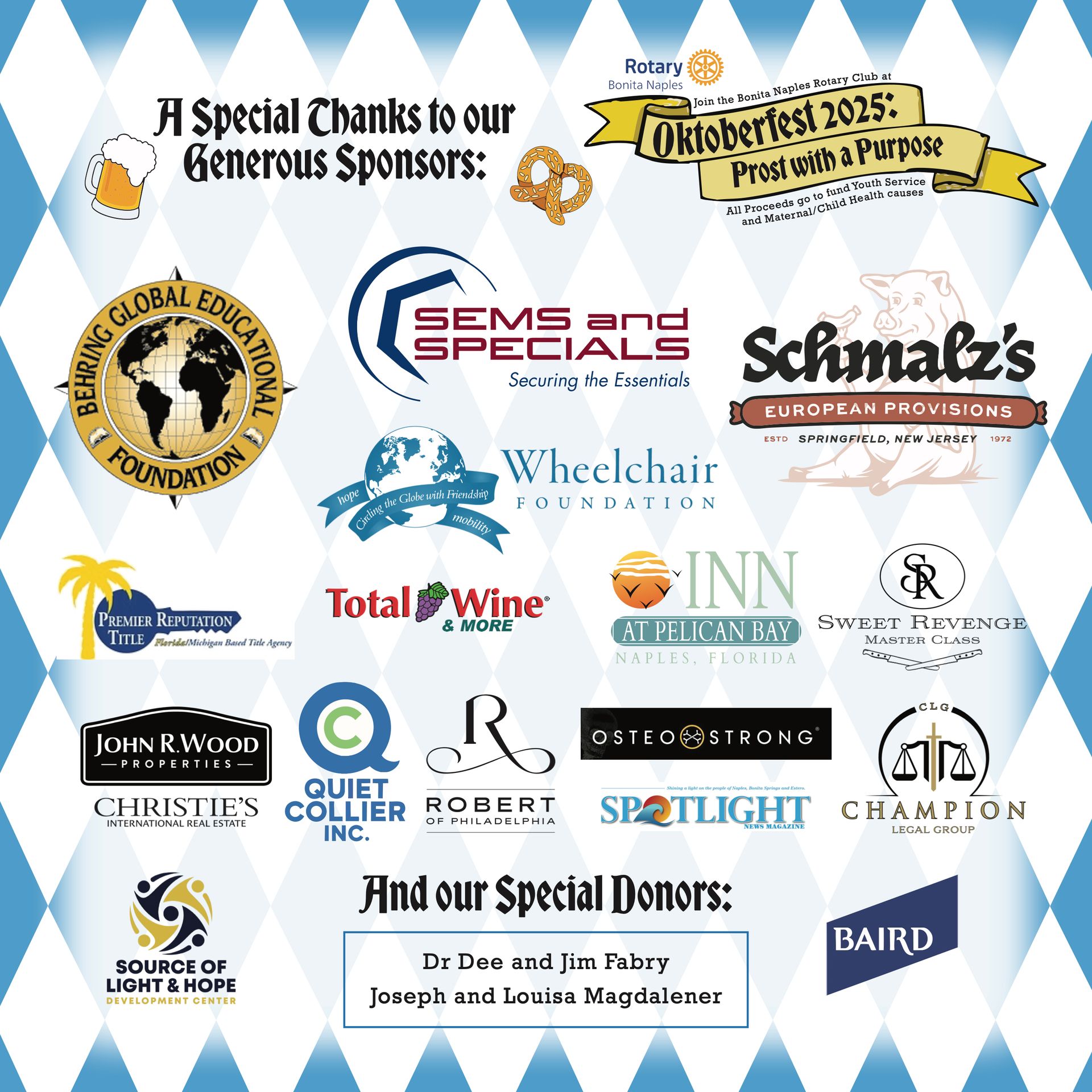 Oktoberfest 2025 event poster with sponsors' logos and special donors listed on a diamond-patterned background.