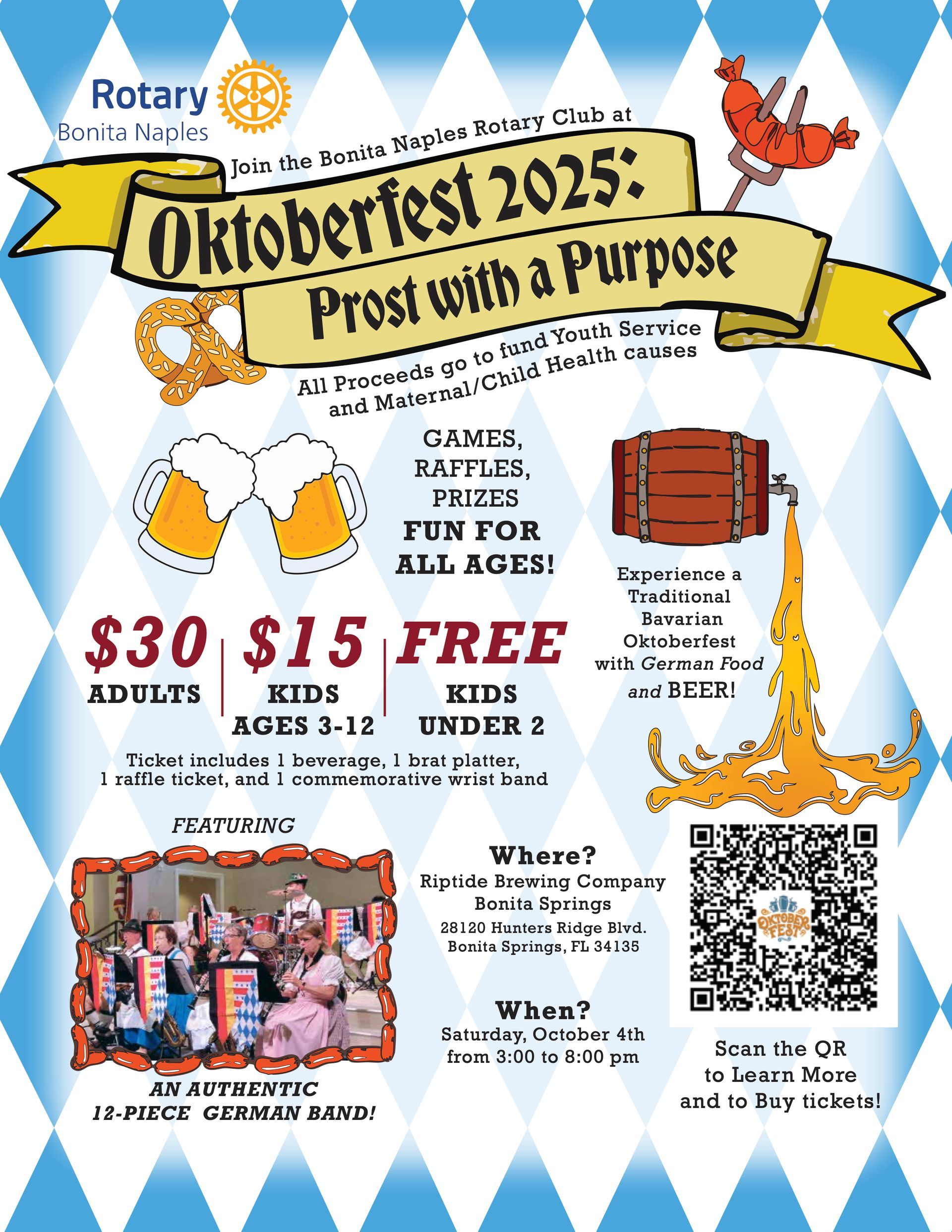 Oktoberfest 2025 flyer: Rotary event with beer, pretzels, games, and a German band.