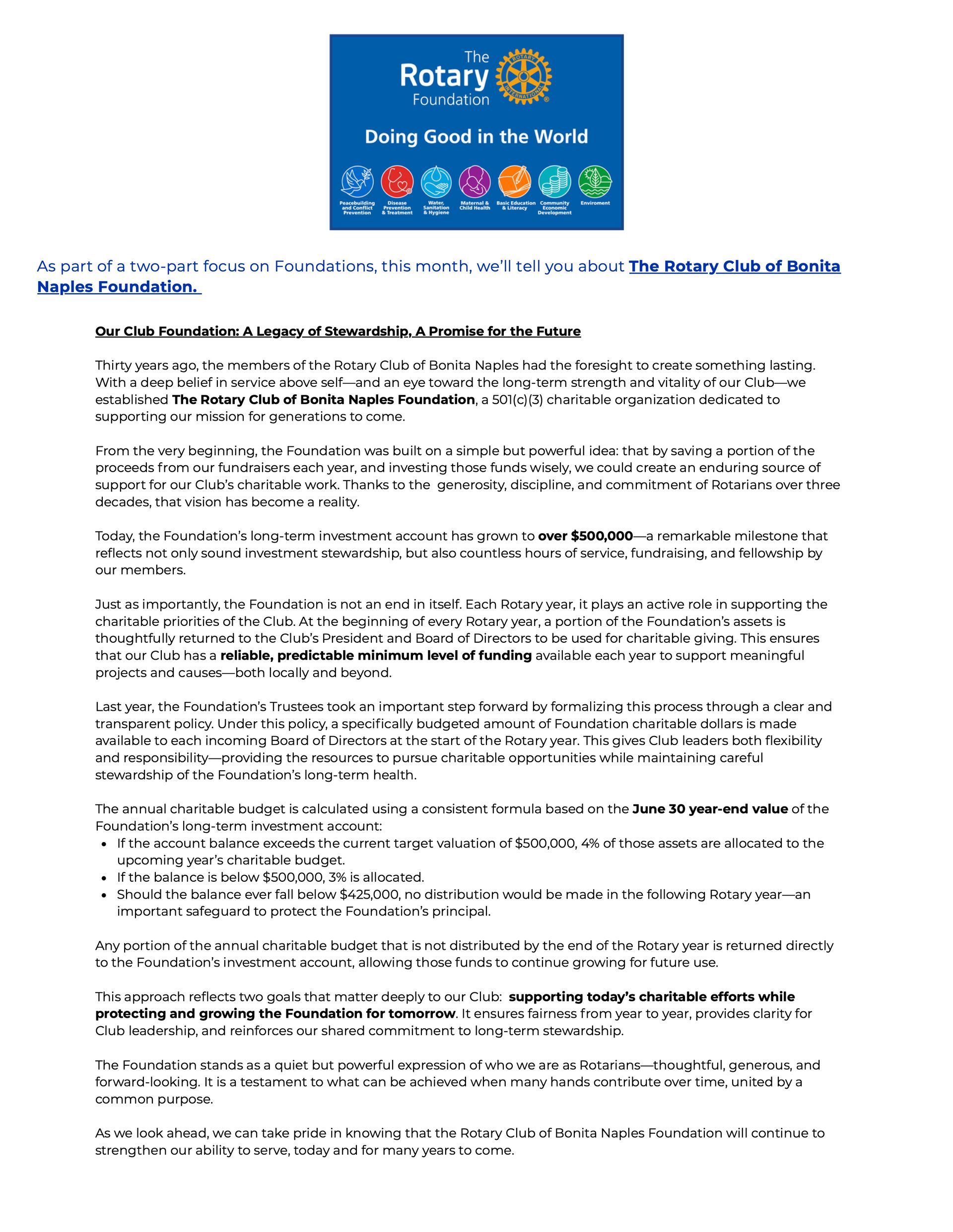 Rotary International Foundation information document with logo and icons representing humanitarian service areas.