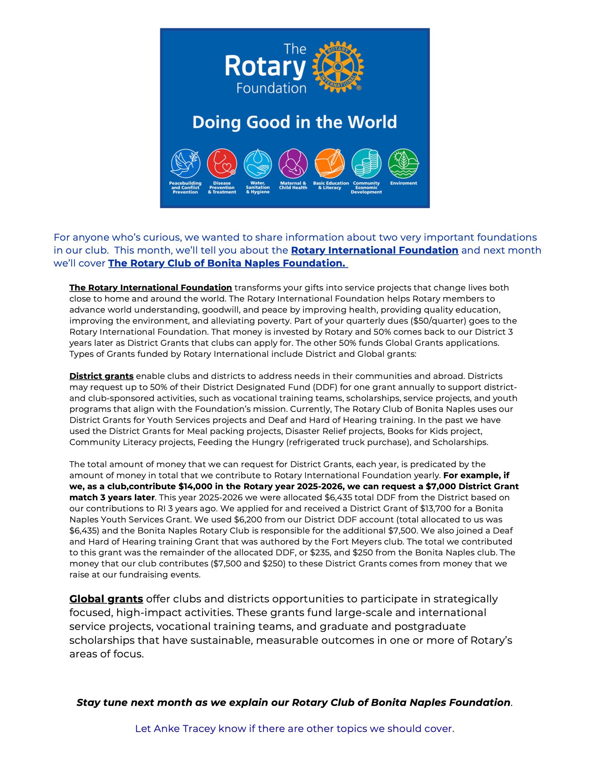 Rotary International Foundation information document with logo and icons representing humanitarian service areas.