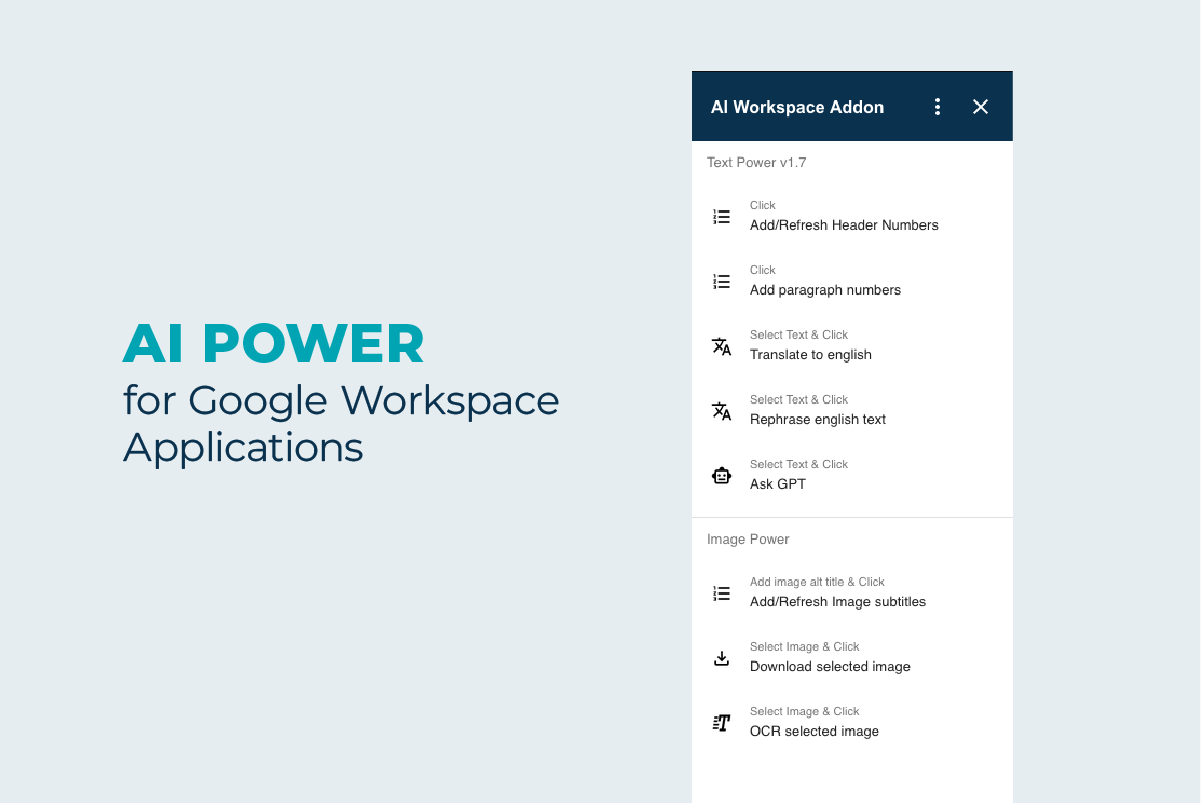 A screenshot of an ai power for google workspace application.