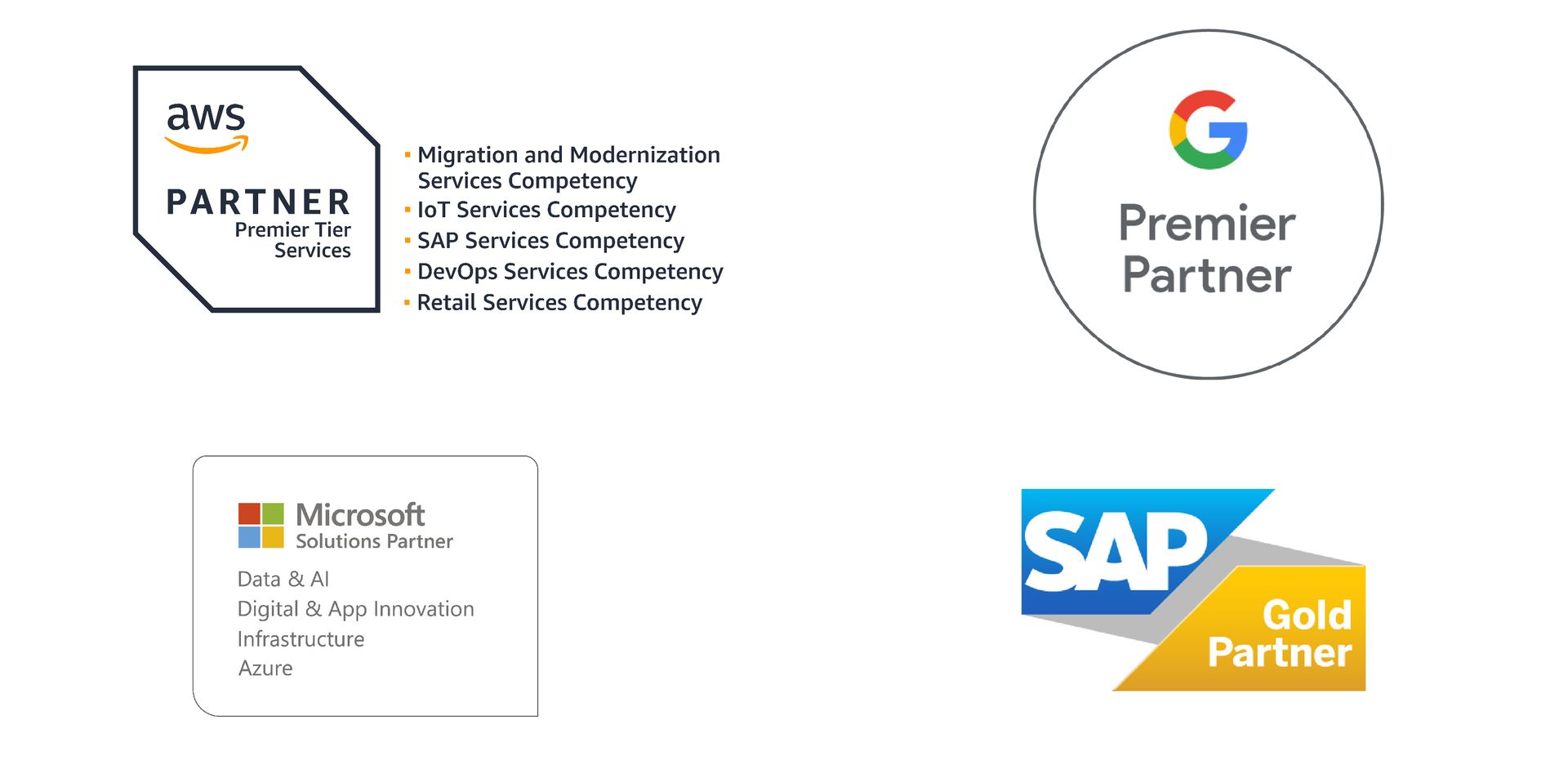 A group of logos for AWS, Microsoft, SAP, and Google on a white background.