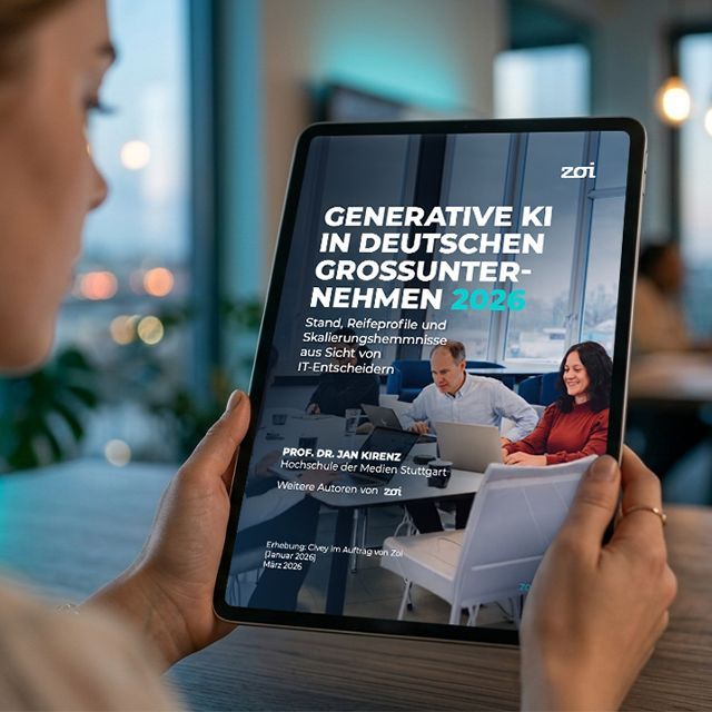 Person holding a tablet showing a German magazine cover about generative AI in business