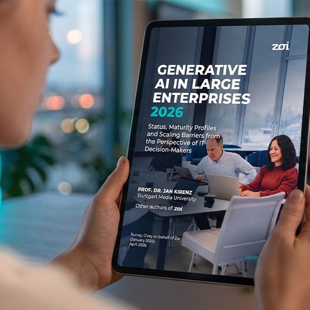 Person holding a tablet showing a German magazine cover about generative AI in business