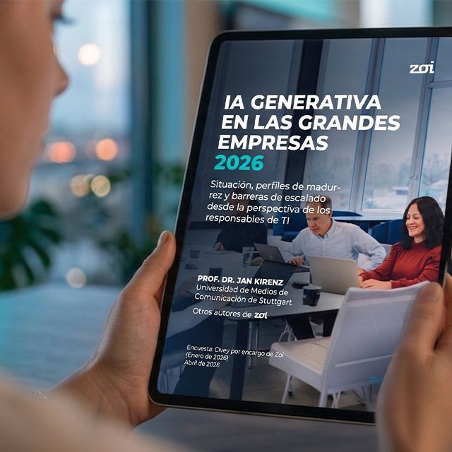 Tablet showing a Spanish report cover: “IA generativa en las grandes empresas 2026” with a business meeting photo.