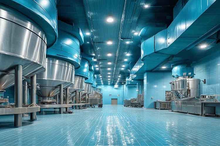 Blaue industrielle Lebensmittelverarbeitungsanlage mit Edelstahltanks und Maschinen.