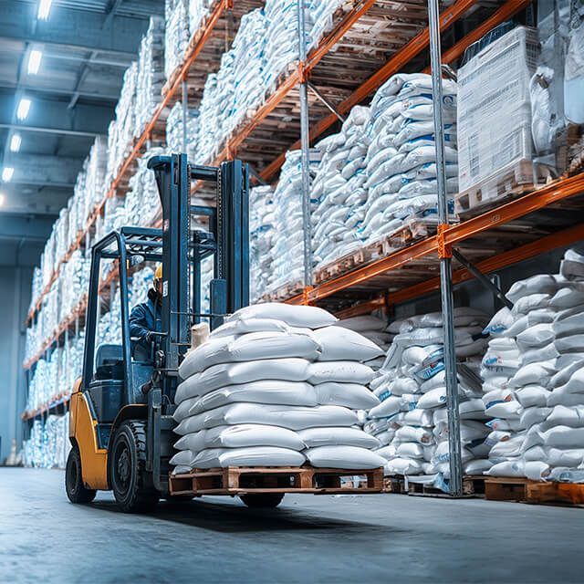 Gabelstapler in einem Lagerhaus, der Paletten mit weißen Säcken transportiert. An den Wänden stehen Regale mit Säcken.