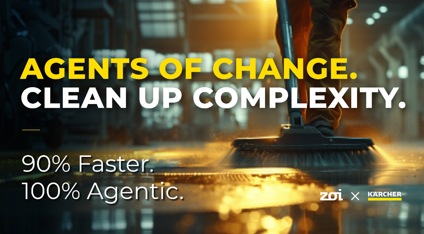 Person using a broom, sweeping a factory floor; text: 