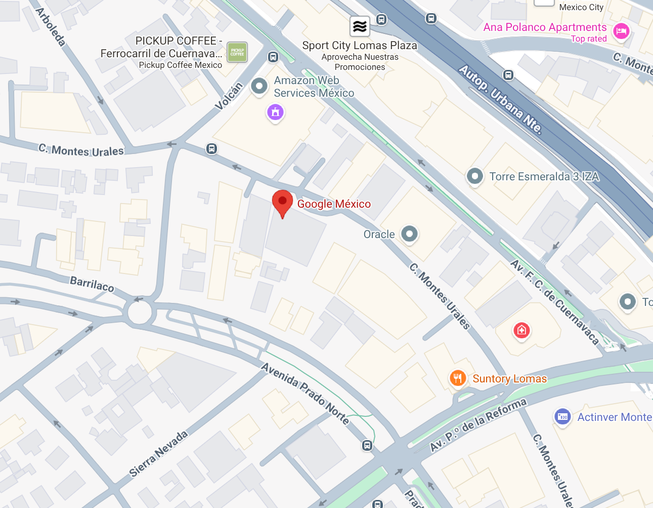 Map of Monterrey, Mexico. Key locations are marked with pins, including hotels and Camino Real Fashion Drive.