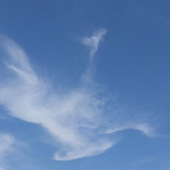Witte wolken tegen een helderblauwe lucht, die een vorm aannemen die lijkt op een vogel of een mythisch wezen.