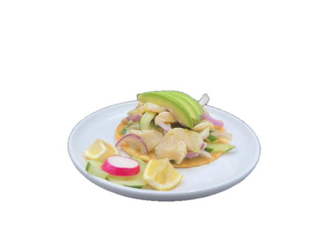 Tostada with seafood, avocado, radish, cucumber, and lemon on a white plate.