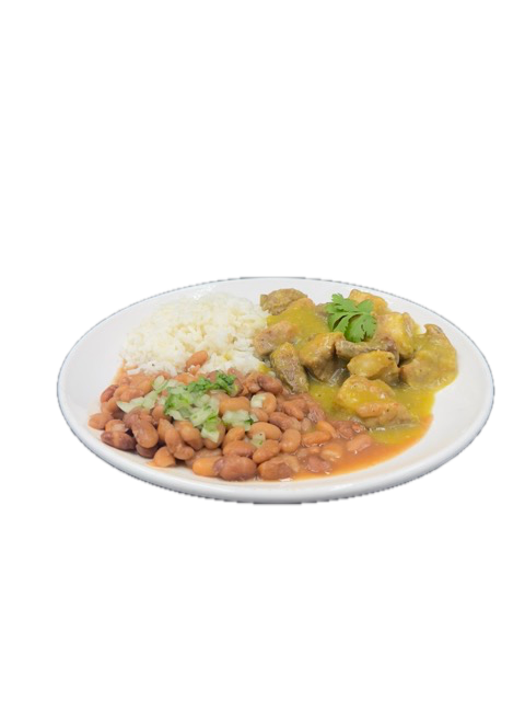 Plate of food with rice, beans, and meat in a yellow sauce.
