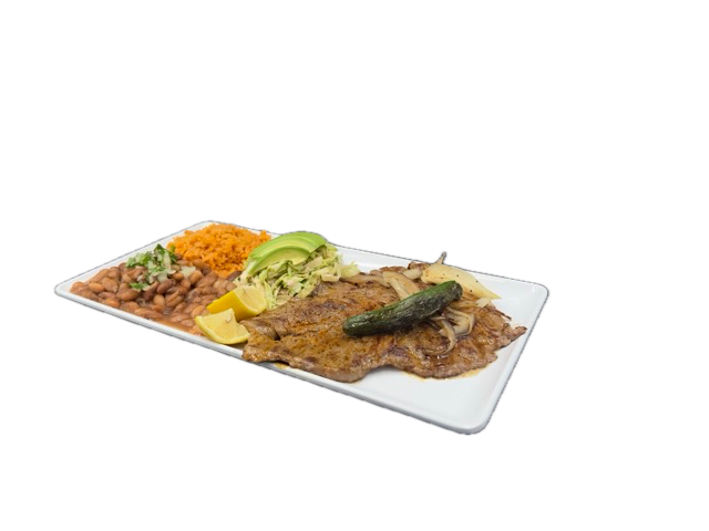 Plate of Mexican food: breaded steak, rice, beans, avocado, lemon, and a pepper.