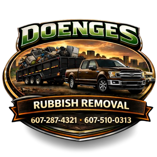 Logo for Doenges Rubbish Removal, featuring green text on a navy blue oval, with phone number below.