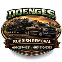Logo for Doenges Rubbish Removal, featuring green text on a navy blue oval, with phone number below.