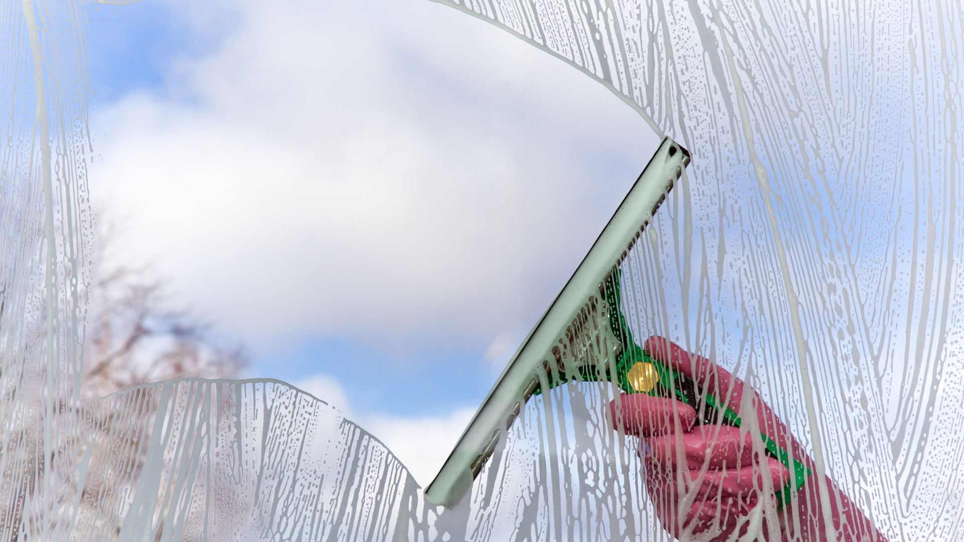 a person is cleaning a window with a green squeegee