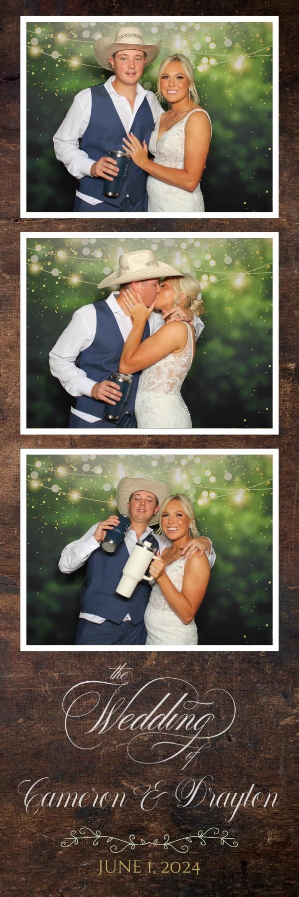 A bride and groom are posing for a picture in a photo booth.