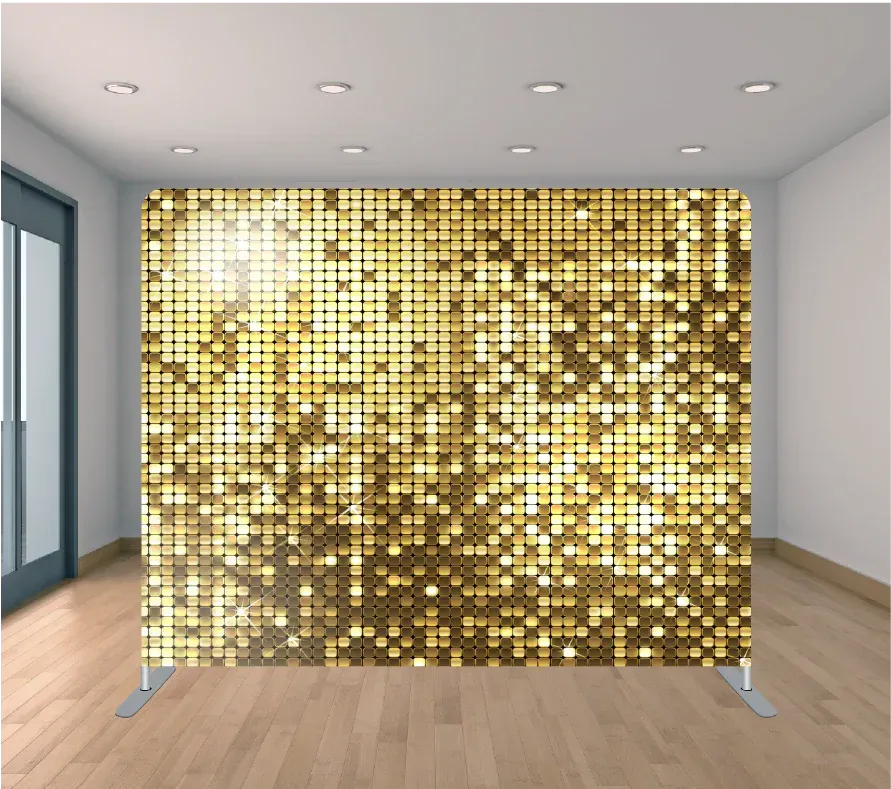 There is a gold sequin wall in the middle of a room.