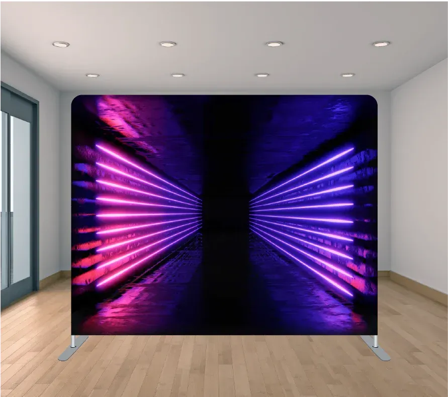 A room with a wooden floor and a wall with a picture of neon lights on it.