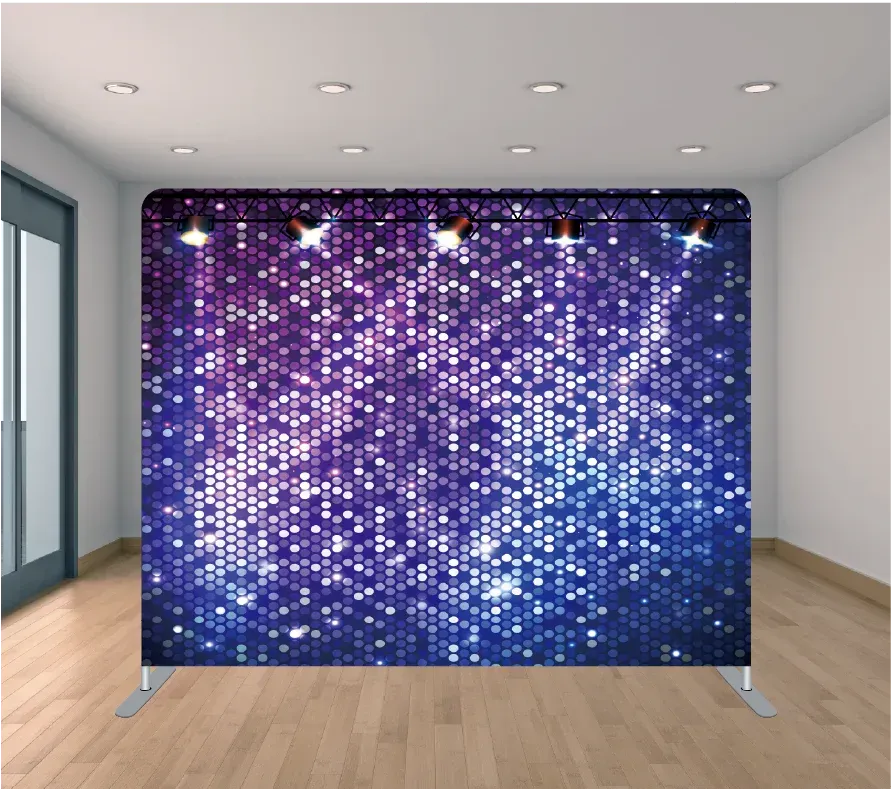 A room with a purple sequined wall and a wooden floor.
