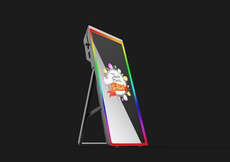 A large mirror with a rainbow colored frame is sitting on a stand on a black background.