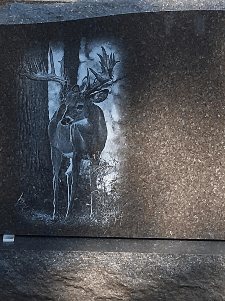 A black and white photo of a deer standing next to a tree.