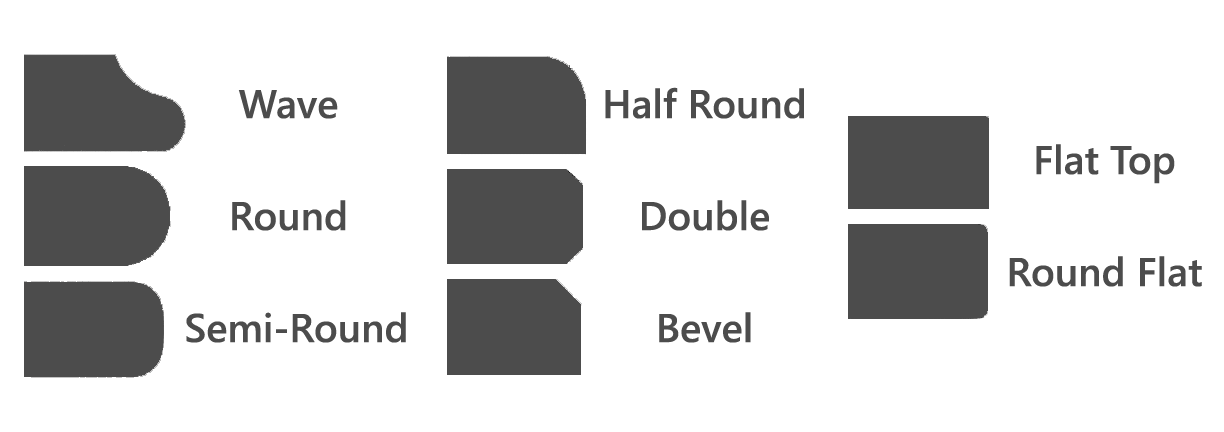 A diagram of different types of edges including wave , half round , double , flat top , semi-round and bevel.