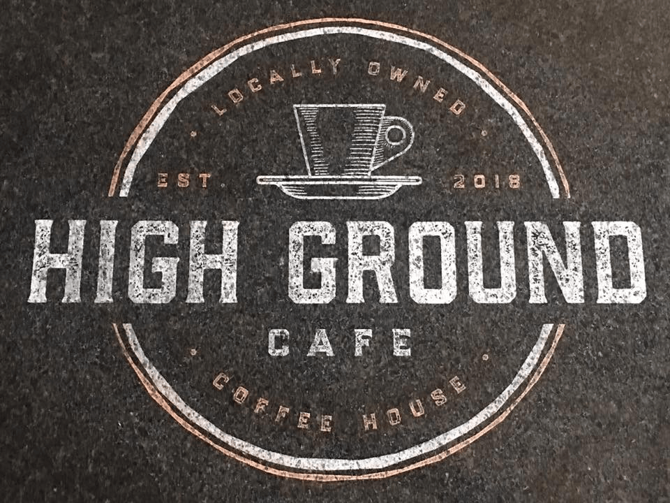 The logo for high ground cafe shows a cup of coffee on a saucer