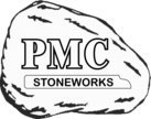 A black and white drawing of a large rock with the words pmc stoneworks written on it.