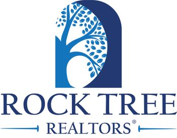 Rock Tree Realtors logo: blue tree silhouette in arch, text below.
