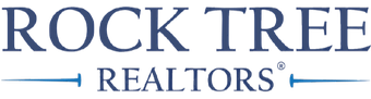 Logo for Rock Tree Realtors. Blue text on white background with blue horizontal lines.