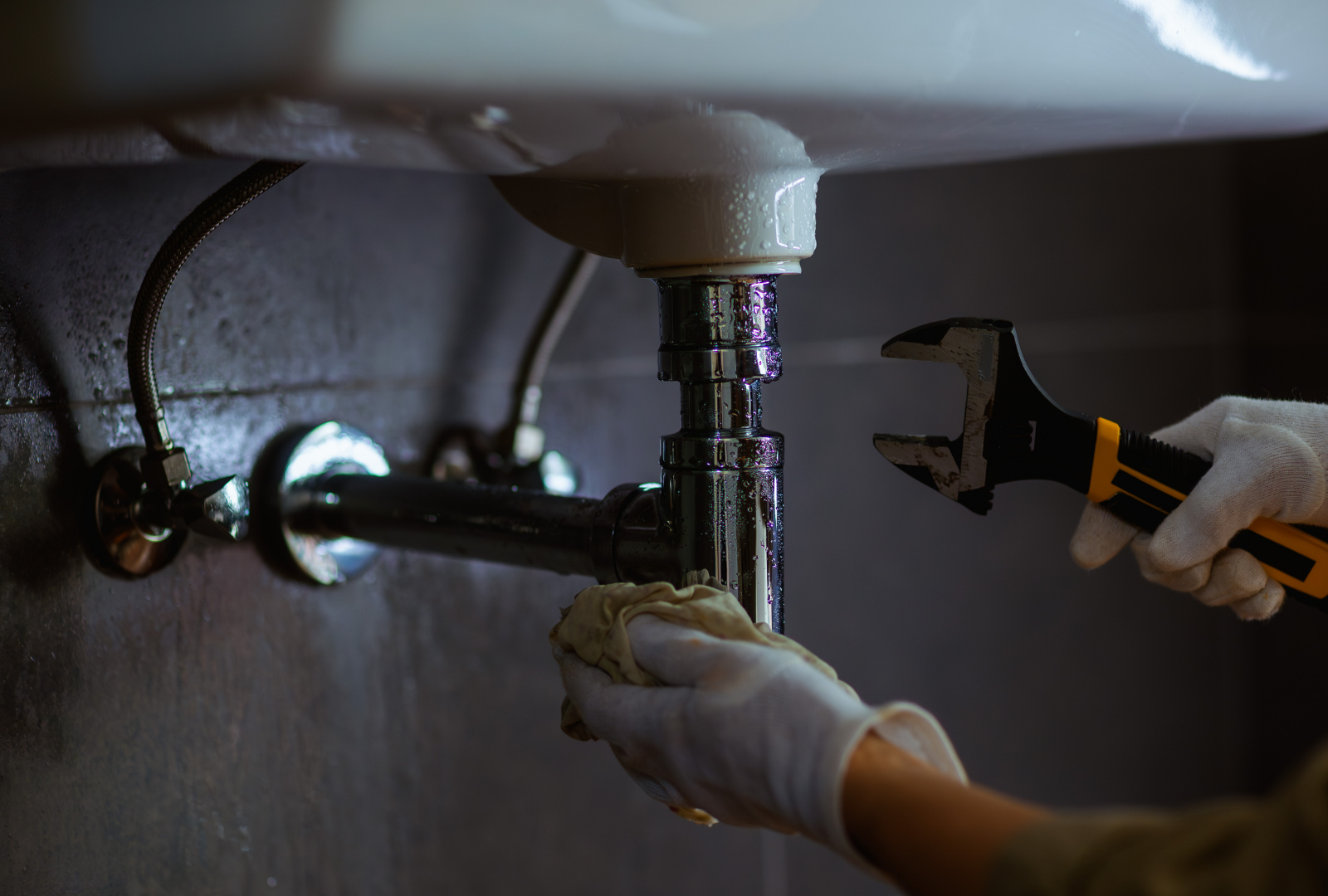 Gloved hands hold a rag to a sink's metal drain pipe while a wrench is held nearby to perform plumbing repairs.