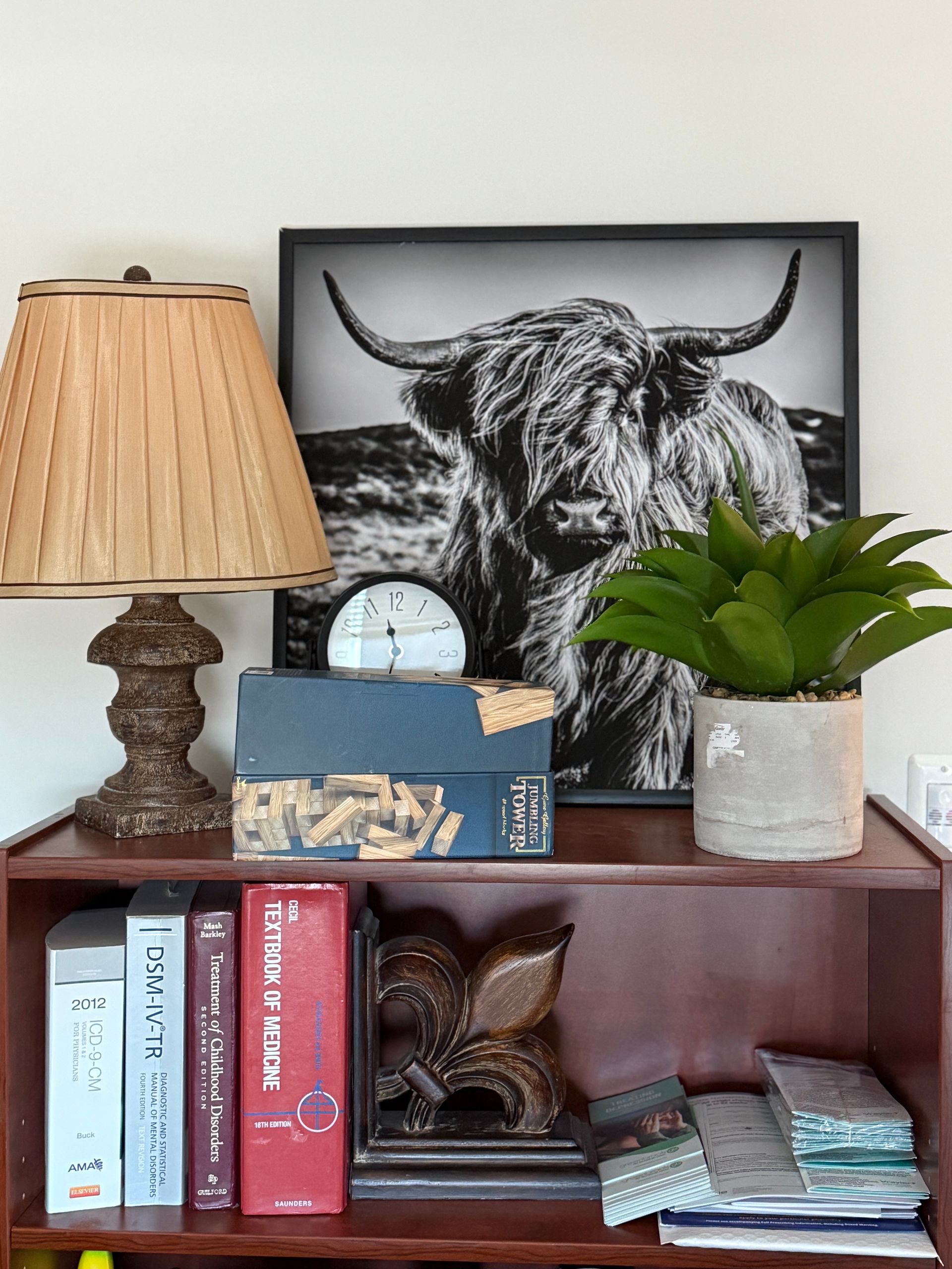 A bookshelf with a picture of a bull on it and a lamp.