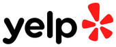 A yelp logo with a red star on a white background.